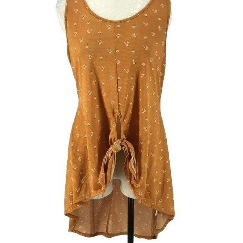 Liberty Love Womens Rust Floral Knot Front Sleeveless Tunic Top M